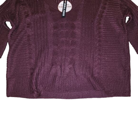 Moral Fiber Sweater Wine Red Distressed Knit Long Sleeves V Neck Size 1X - Picture 5 of 6